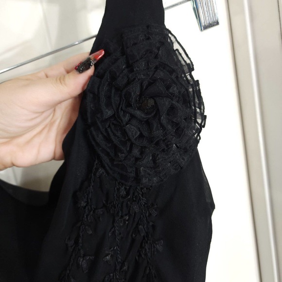 Sue Wong Womens Slip Dress Black Silk Rosette Midi Peasant Vtg 90s Y2K Fairy 14 - Picture 6 of 12